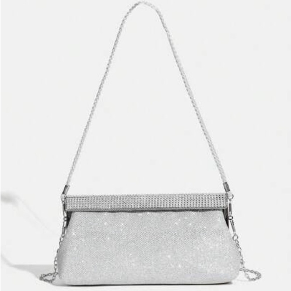 Nina Silver Glitter Clutch Evening Bag Wedding Formal Chain Strap - Picture 9 of 9